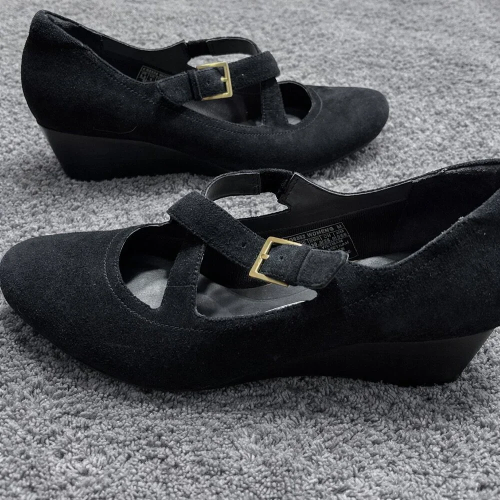 Rockport Total Motion Luxe 2-Strap Mary Jane Wedges |Women's‎ 8.5| Black Suede